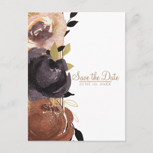 Fall Wedding Bold Glam Flowers Save the Date Announcement Postcard (Front)