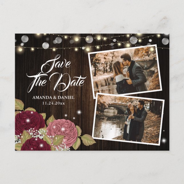 Fall Wedding Burgundy Blush 2 Photo Save The Date Announcement Postcard (Front)