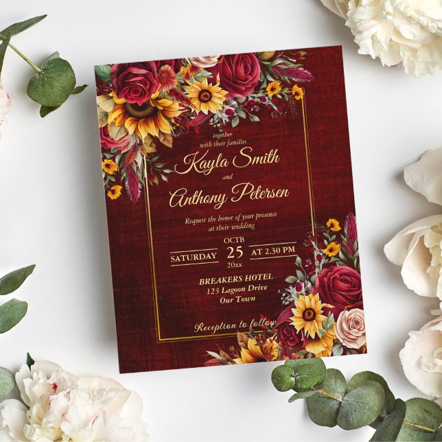 Fall wedding burgundy roses sunflowers invitation (Creator Uploaded)