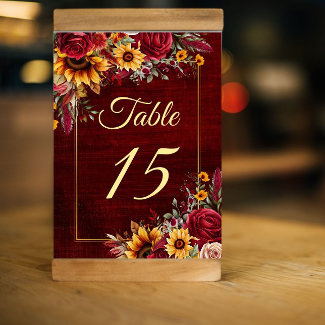Fall wedding burgundy roses sunflowers table number (Sunflower wedding decorations Fall sunflower wedding  table number card burgundy roses and sunflower)