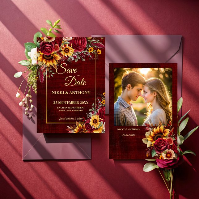 Fall wedding burgundy roses yellow sunflower photo save the date (Sunflowers burgundy roses fall wedding photo template save the date card)