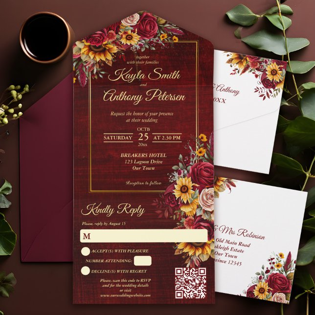 Fall wedding burgundy roses yellow sunflowers all in one invitation (Fall wedding burgundy roses yellow sunflowers all in one  invitation wedding invitation cards)