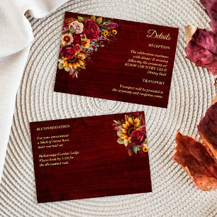 Fall wedding burgundy roses yellow sunflowers enclosure card