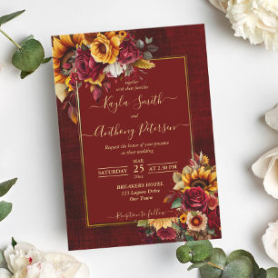 Fall wedding burgundy roses yellow sunflowers invitation