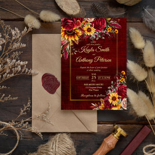 Fall wedding burgundy roses yellow sunflowers invitation