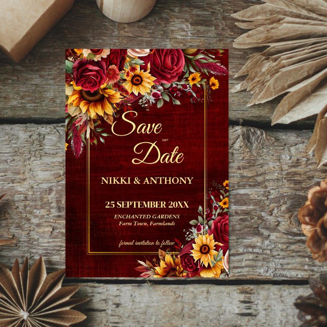 Fall wedding burgundy roses yellow sunflowers save the date (Fall wedding burgundy roses yellow sunflowers save the date qr website template digital download)