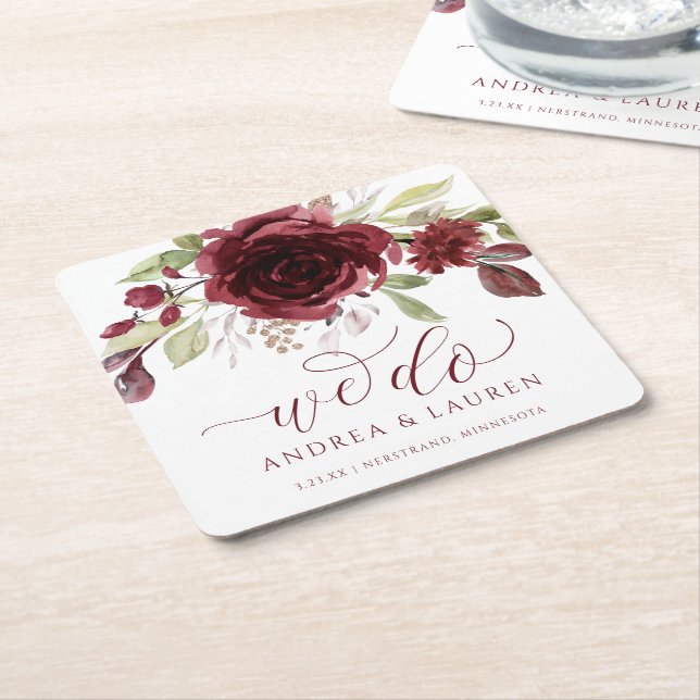 Fall Wedding Burgundy Wine Red Floral Foliage Square Paper Coaster (Angled)