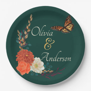 Fall Wedding Floral Butterfly Forest Green Paper Plate