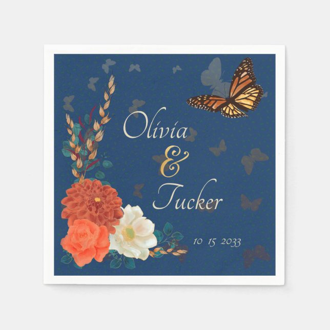 Fall Wedding Floral Butterfly Teal Custom Napkins (Front)