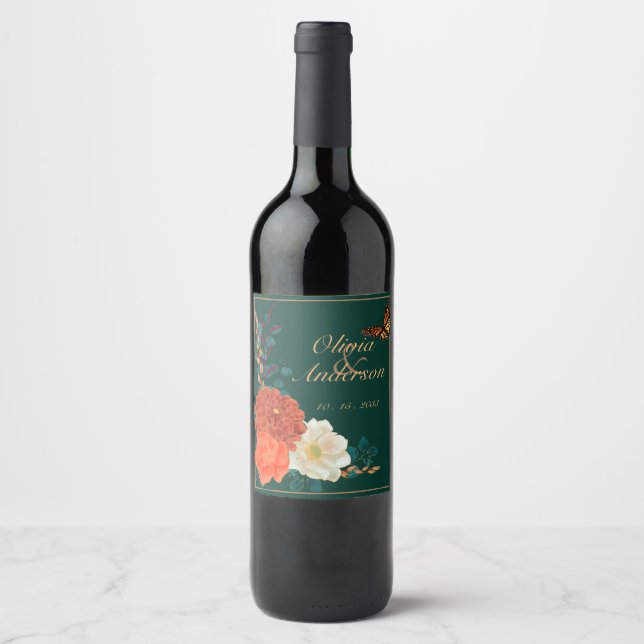 Fall Wedding Floral Monarch Butterfly  Wine Label (Front)