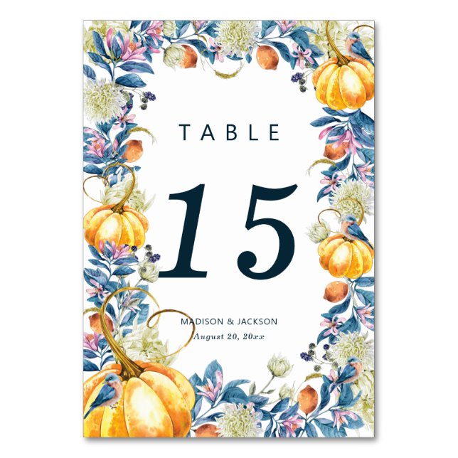 Fall Wedding Floral Pumpkin Table Number (Front)