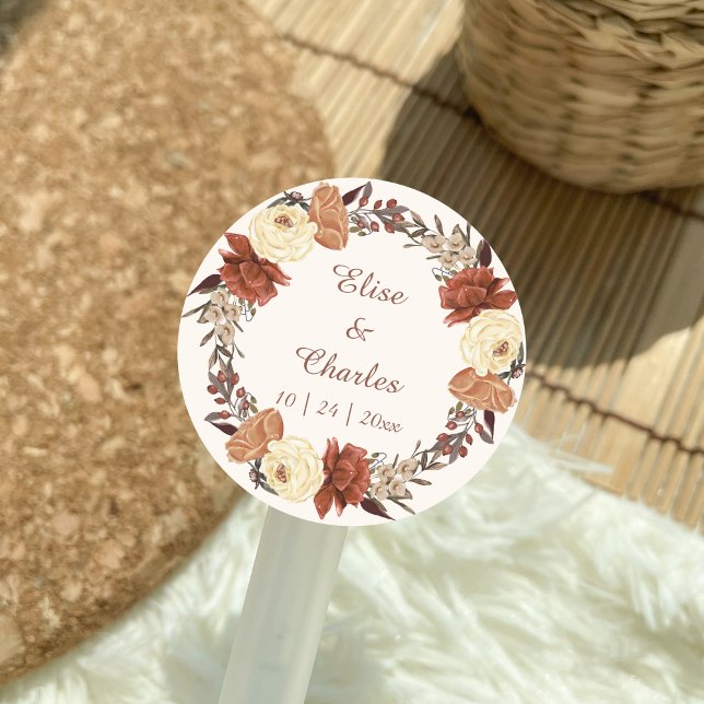 Fall Wedding Floral Wreath Classic Round Sticker (Fall Rustic Boho Wedding Sticker, Gift Label, Round sticker.)