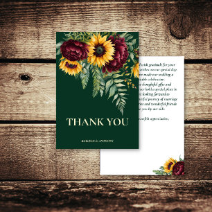 Fall wedding green rustic sunflowers thank you card