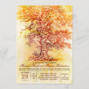 Fall wedding invitation with old oak tree