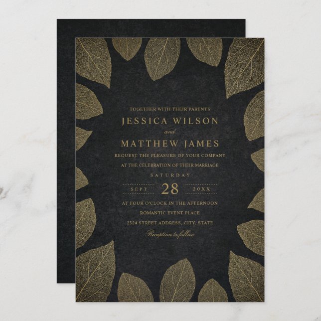 Fall Wedding Invitations Elegant Gold Look Leaves (Front/Back)