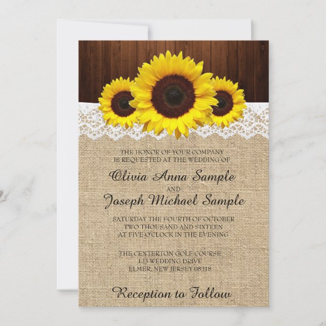 Fall Wedding Invitations With Sunflower And Lace (Front)