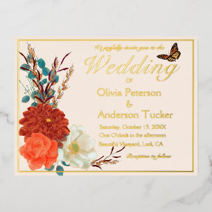 Fall Wedding Ivory QRC Floral Monarch Butterfly Foil Invitation Postcard