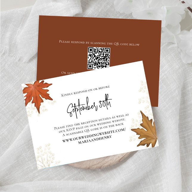 Fall Wedding Leaves Elegant RSVP QR Code (Elegant Fall Leaves Watercolor enclosure card.)