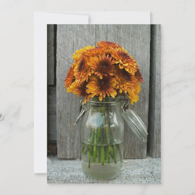 Fall Wedding Mason Jar Flowers & Barnwood Invitation (Front)