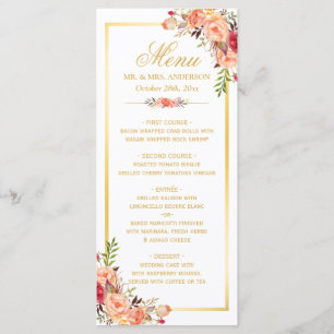 Fall Wedding Menu Rustic Coral Floral Gold Frame
