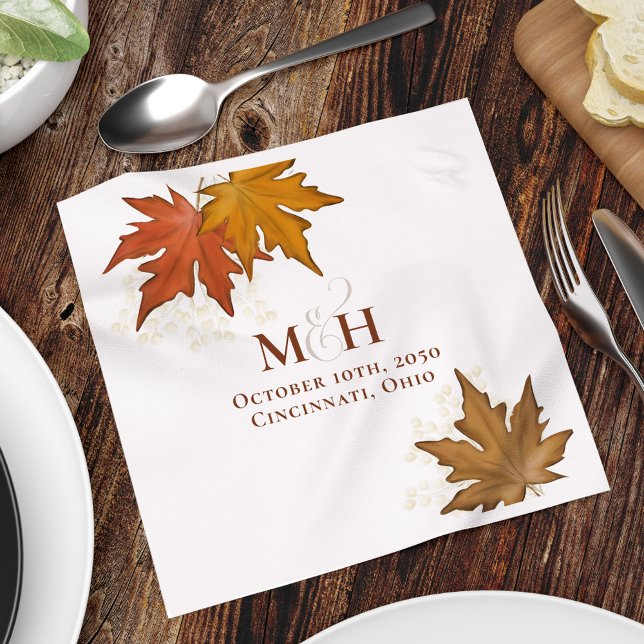 Fall Wedding Monogram Watercolor Leaves  Napkin (Fall Leaves watercolor monogram custom cocktail napkin,)