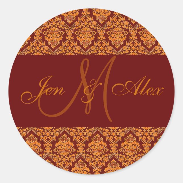 Fall Wedding Names & Monogram Gold Orange Sticker (Front)