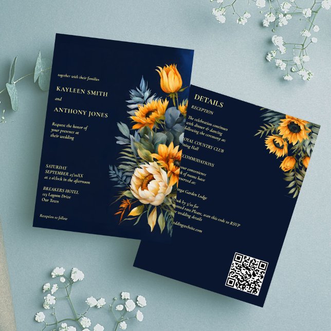 Fall wedding navy blue rustic sunflower all in one invitation (Fall wedding navy blue rustic sunflower all in one invitation editable template digital dowbload)