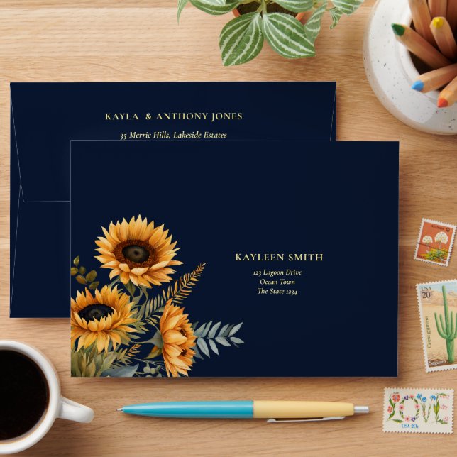 Fall wedding navy blue rustic sunflower envelope (Desk)