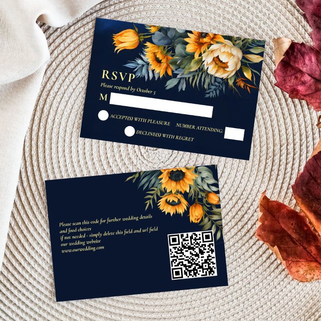 Fall wedding navy blue rustic sunflower RSVP card (Fall Summer wedding navy blue rustic sunflowers qr RSVP cards moody dark blue yellow )