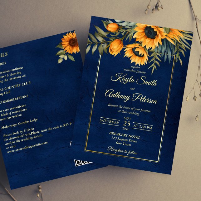 Fall wedding navy blue yellow sunflower all in one invitation (Fall wedding navy blue yellow sunflower all in one invitation template digital download)
