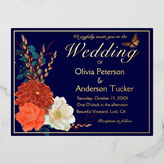 Fall Wedding Navy QRC Floral Monarch Butterfly Foil Invitation Postcard (Front)