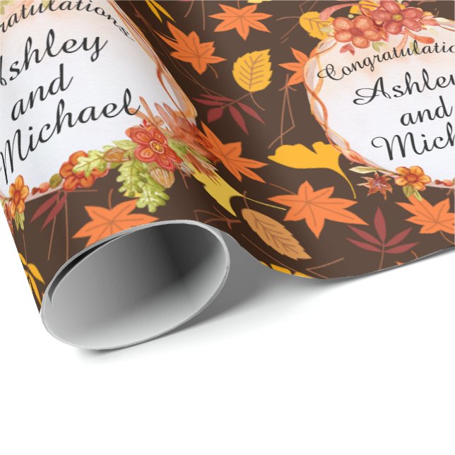 Fall Wedding Personalise Names Autumn Leaves Wrapping Paper (Roll Corner)