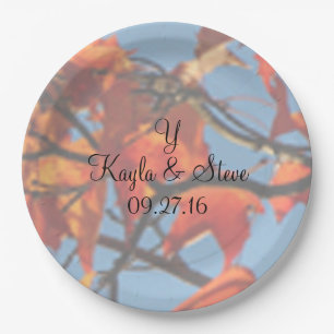 Fall Wedding Photo Background Names Date Monogram Paper Plate