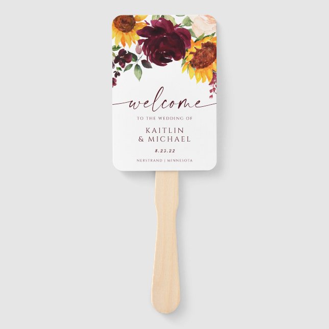 Fall Wedding Program Sunflowers Burgundy Roses Han Hand Fan (Front)