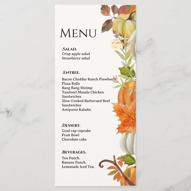 Fall  wedding Pumpkin autumn leaves wedding  Menu (Front)