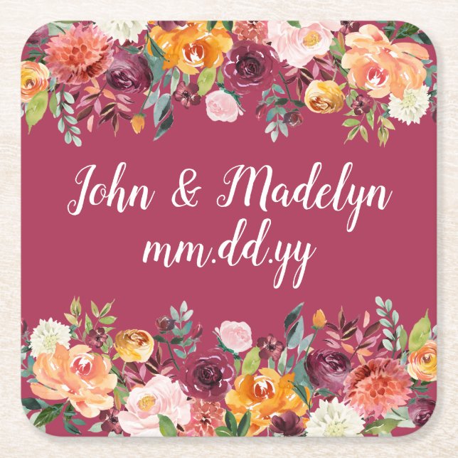 Fall Wedding Reception Personalised Elegant Floral Square Paper Coaster (Front)
