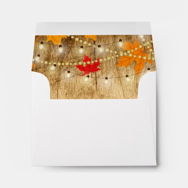 Fall wedding RSVP envelope wood, lights, leaves (Back (Bottom))