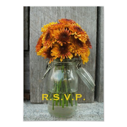Fall Wedding RSVP: Mason Jar Flowers & Barnwood Card