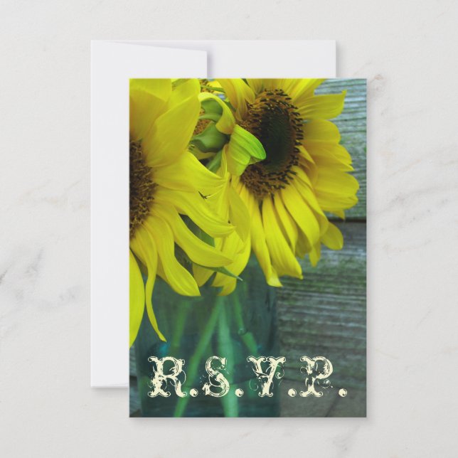 Fall Wedding RSVP: Sunflowers Mason Jar / Barnwood RSVP Card (Front)