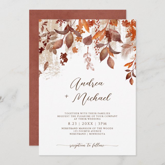 Fall Wedding Rust Autumn Leaves Foliage Invitation (Front/Back)