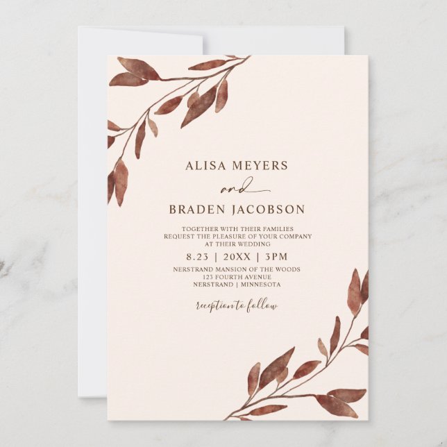 Fall Wedding Rust Brown Autumn Leaves Foliage Invitation (Front)