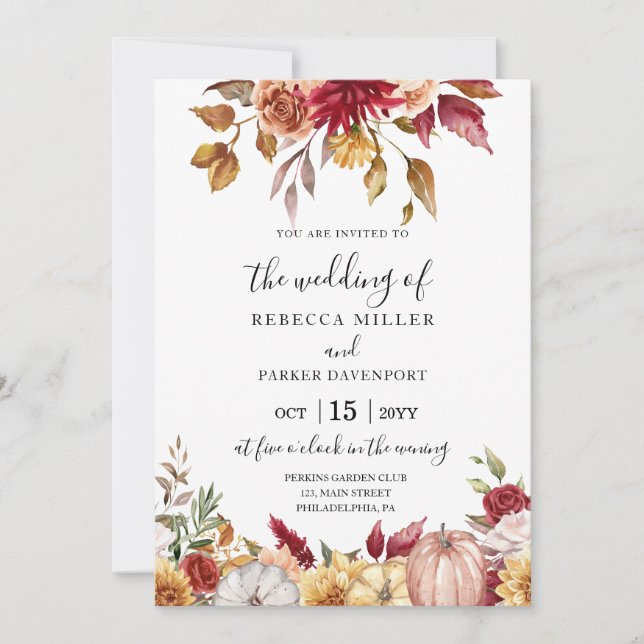 Fall Wedding rustic flowers and pumpkins Invitation (Front)