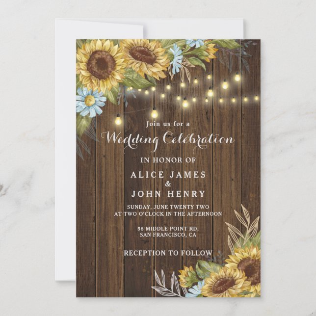 Fall Wedding Rustic wood string lights sunflower  Invitation (Front)