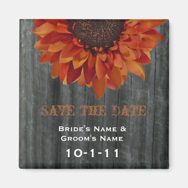 Fall Wedding Save The Date - Barnwood & Sunflower Magnet (Front)