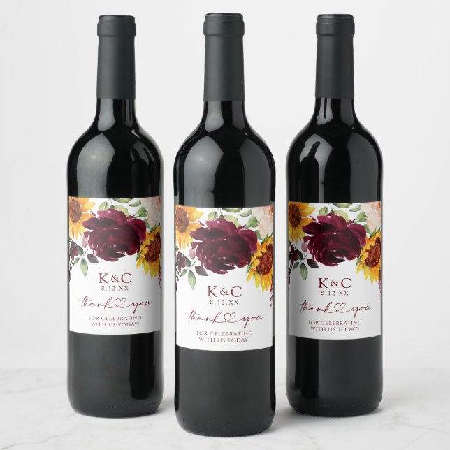 Fall Wedding Sunflower and Roses Burgundy Wine Lab Wine Label (Bottles)