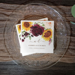Fall Wedding Sunflower Roses Burgundy Red Names Napkin