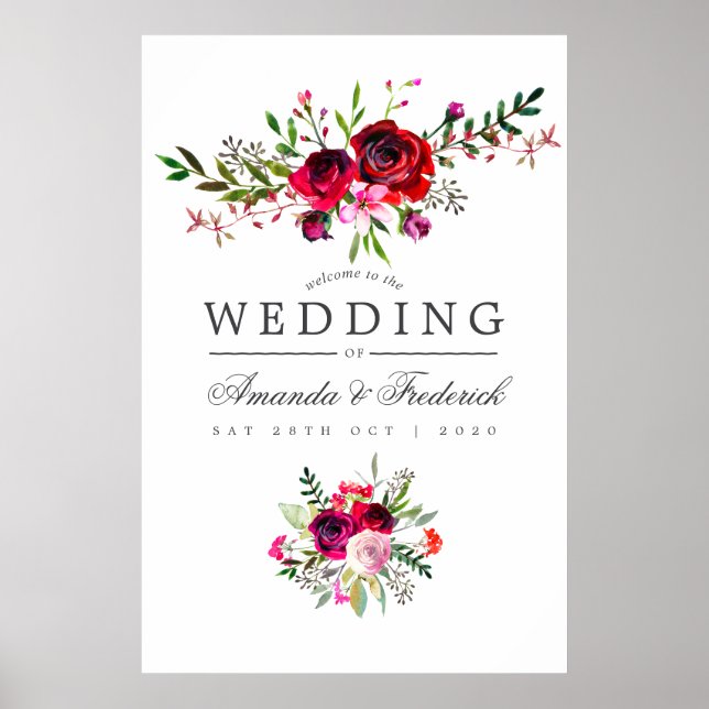 Fall Wedding Watercolor Floral Welcome Poster (Front)