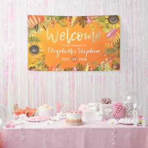Fall Wedding Welcome Autumn Maple Leaves Pumpkins Banner