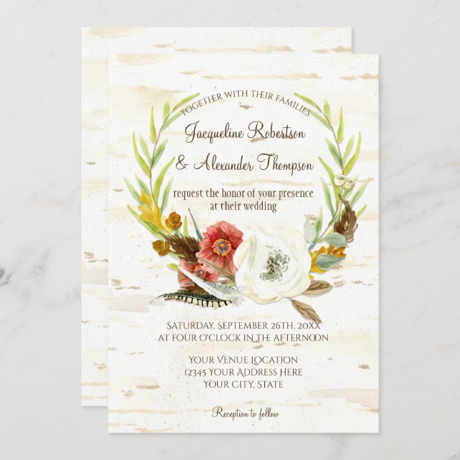 Fall Wedding Wreath Boho Feather Birch Bark Poppy Invitation (Front/Back)