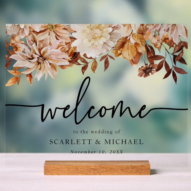 Fall Welcome Acrylic Sign (Fall Floral Horizontal Wedding Welcome Acrylic Sign by Painted Paperie
)